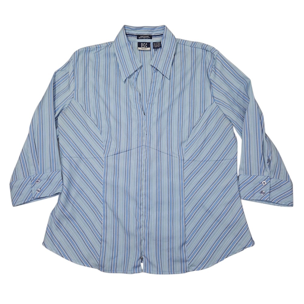 DCC VTG Y2K Easycare Stretch Zip Front Blouse Blue Striped Missy Sz L